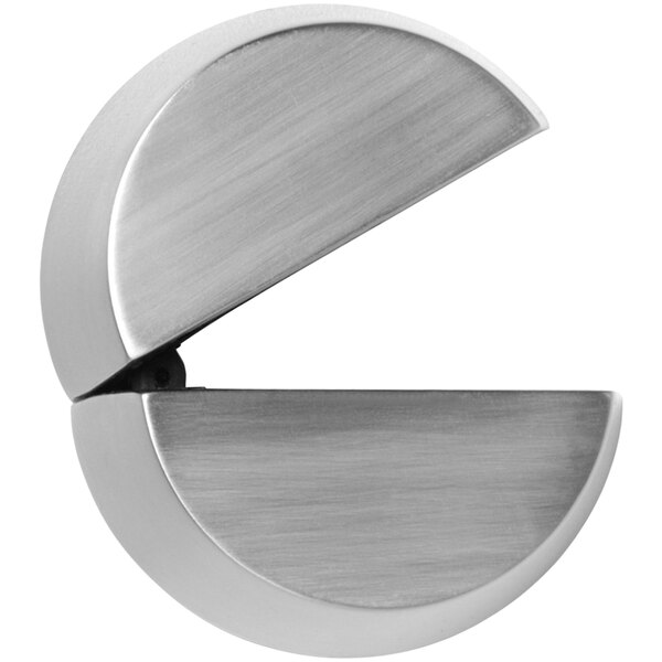 A stainless steel circular foil cutter with a half circle opening.