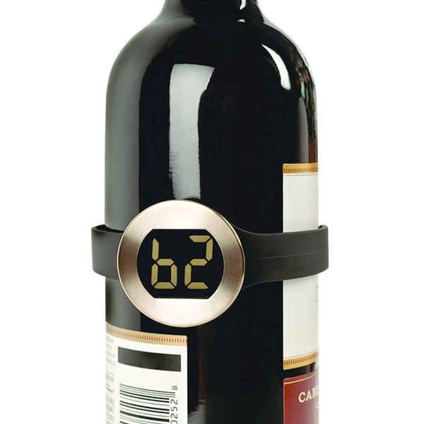 A Franmara Wine Collar Thermometer on a wine bottle with a digital display.