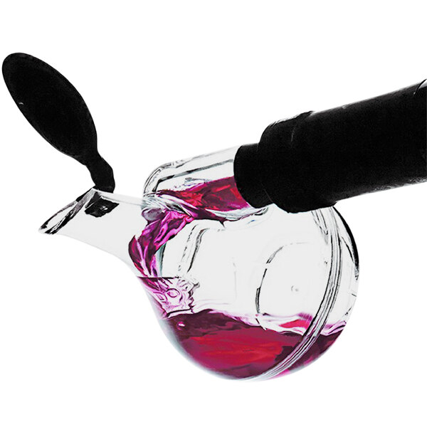 A Franmara Vino Dose pourer with a glass of red wine being filled in a glass container.
