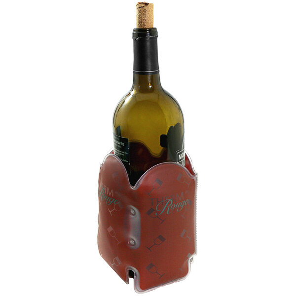 A red Franmara wine warming sleeve holding a bottle of wine.