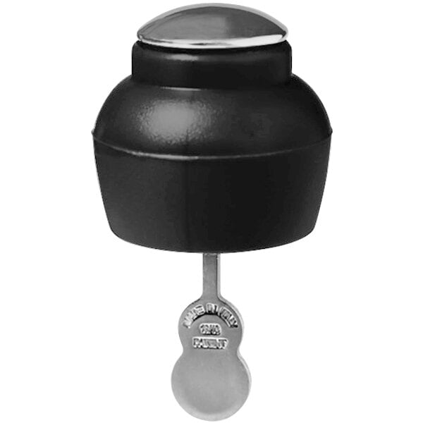 A black and silver stainless steel wine pourer and stopper with a silver button.