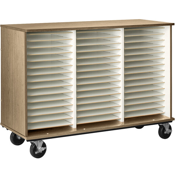 A wooden I.D. Systems folio storage cabinet with wheels.