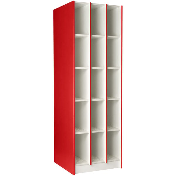 A red I.D. Systems instrument storage locker with 15 compartments and a white interior.