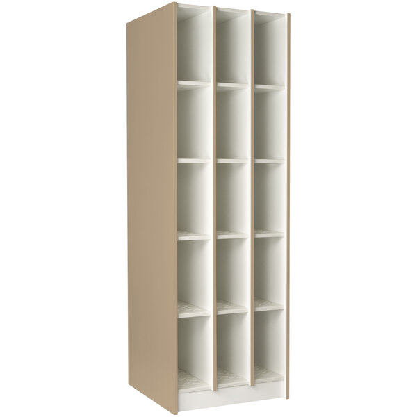 A tall white locker with shelves.