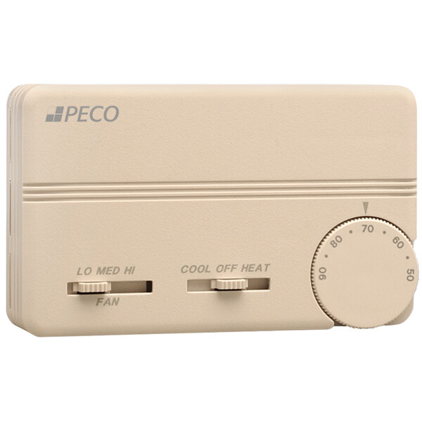 A PECO Control Systems 3-speed fan coil thermostat with wire leads and 2 white covers over a dial and buttons.