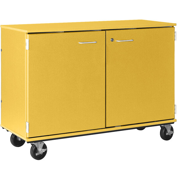 A sun yellow I.D. Systems folio storage cabinet on wheels.