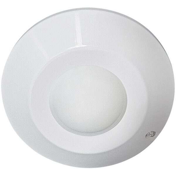 A white ceiling-mounted round sensor with a circular lens.