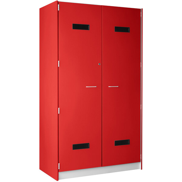 A red metal locker with silver handles and two doors.