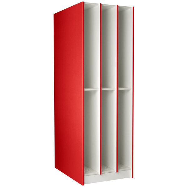 A red and white locker with six compartments.
