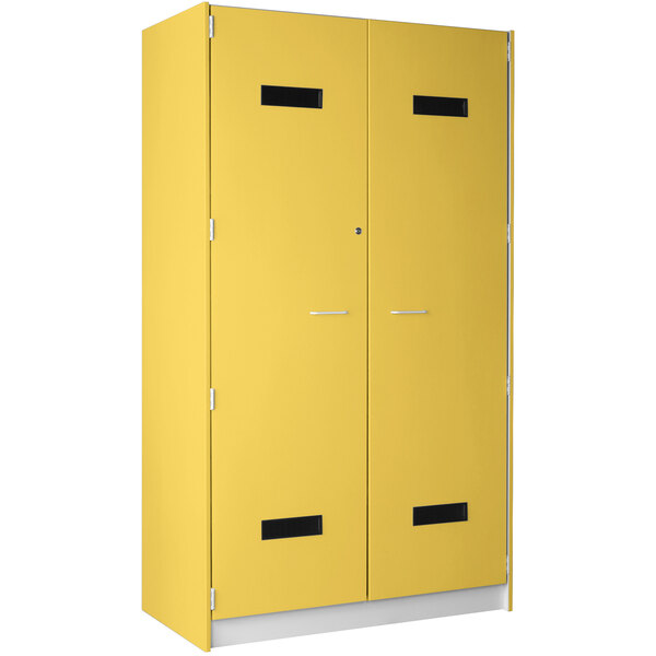 A sun yellow I.D. Systems uniform storage locker with two doors.