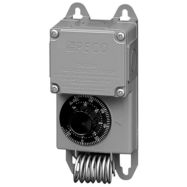 A grey PECO Control Solutions NEMA 4X commercial thermostat with a dial.