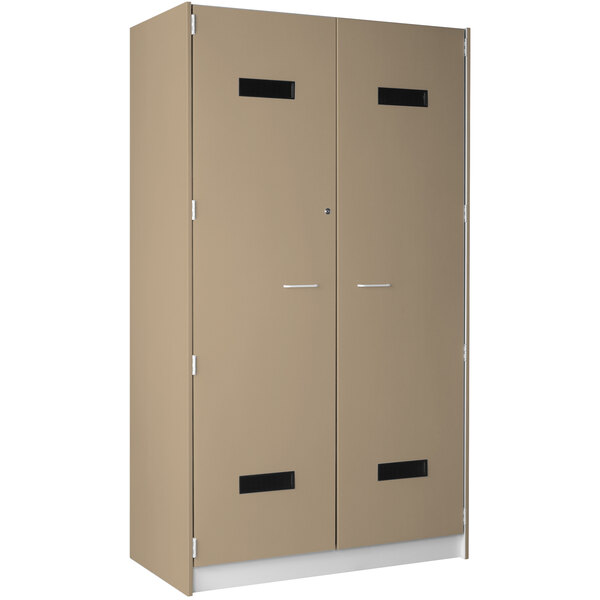 A tan metal locker with two doors and silver handles.