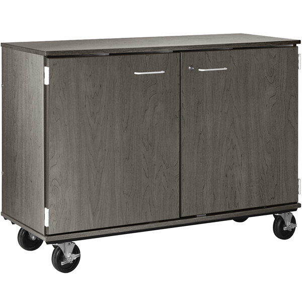 A grey cabinet with wheels.