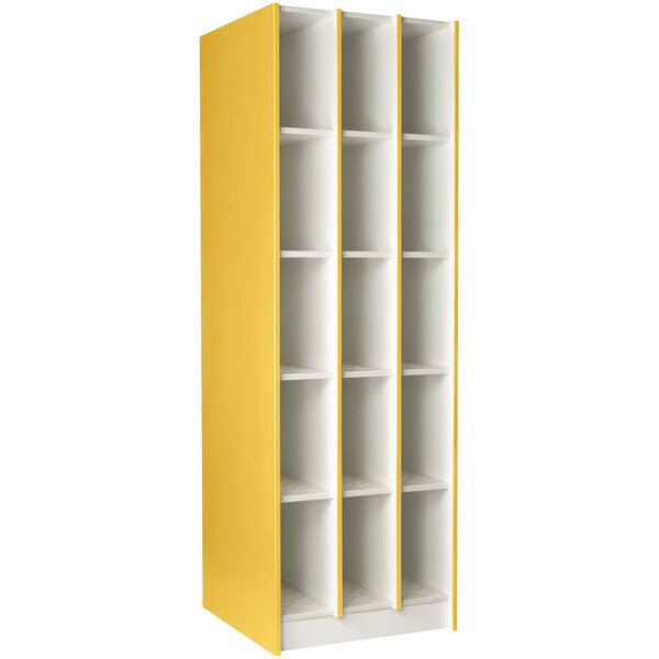 A sun yellow I.D. Systems instrument storage locker with 15 compartments.