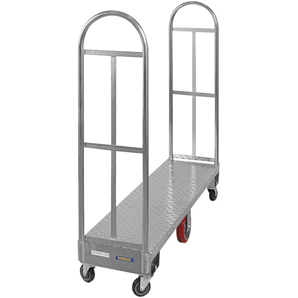 A silver metal Wesco U-Boat utility cart with wheels and a red handle.