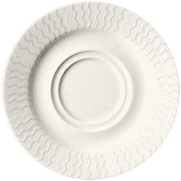 A white RAK Porcelain saucer with wavy lines and a circular ring.