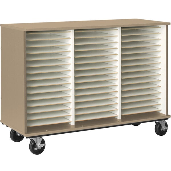 A brown I.D. Systems cart with white shelves and wheels.