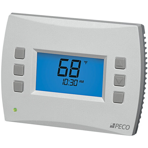 A white rectangular PECO Control Systems Performance PRO T4522-001 thermostat with a blue screen.
