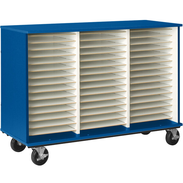 A royal blue I.D. Systems rolling folio storage cart.