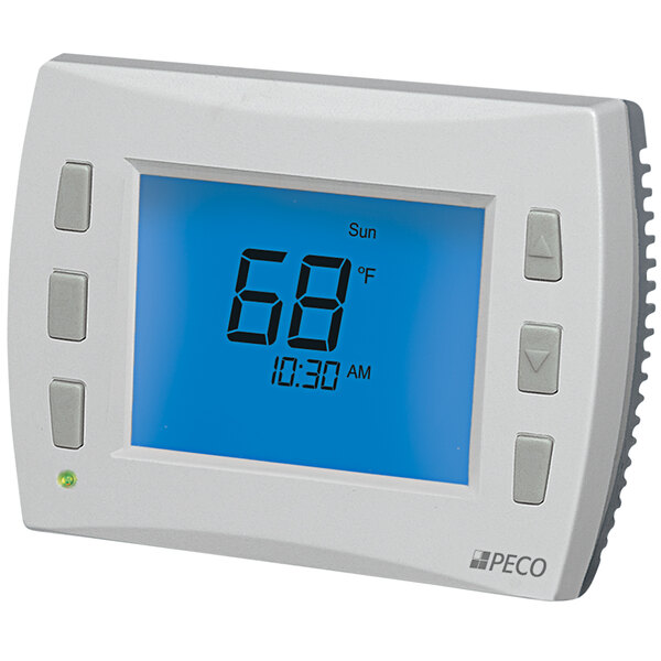 A white PECO Performance PRO thermostat with a blue digital display.