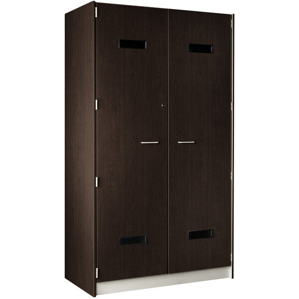 A dark brown I.D. Systems storage locker with black handles on two doors.