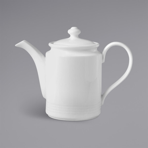 A close-up of a RAK Porcelain ivory embossed coffee pot and lid with a curved edge on a white background.