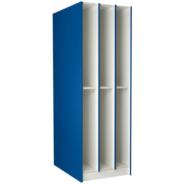 A white and blue I.D. Systems locker with blue trim and six compartments.
