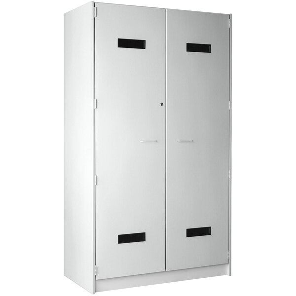 A fashion grey I.D. Systems locker with two doors and black rectangular lines.