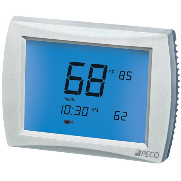 A white PECO Control Systems Performance PRO programmable touchscreen thermostat with blue numbers on the screen.