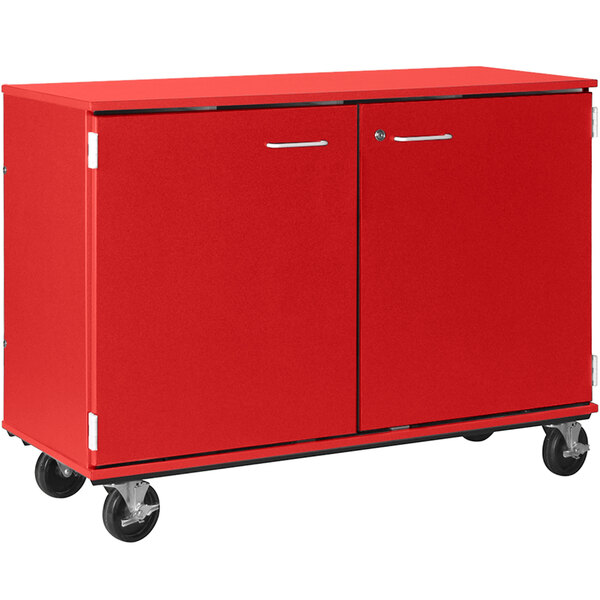 A red I.D. Systems cabinet on wheels with locking doors.