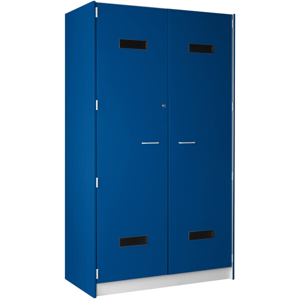 A royal blue metal locker with two doors.