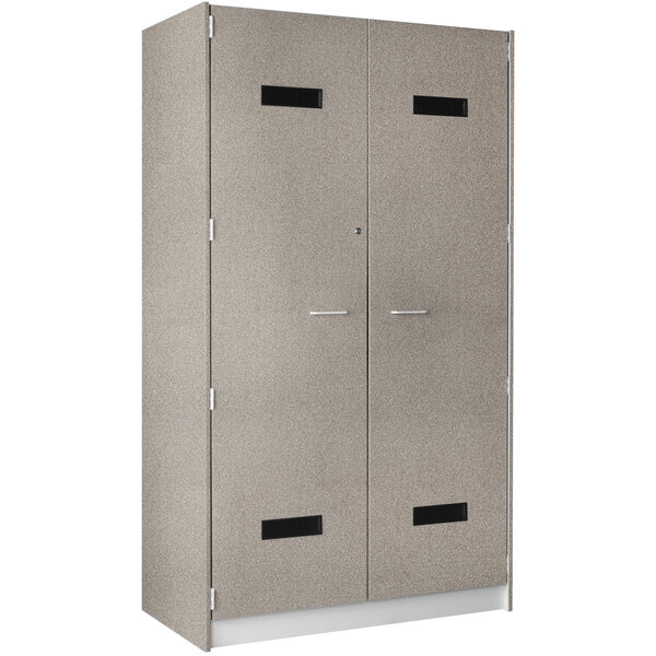 A grey metal I.D. Systems locker with two doors and black windows.