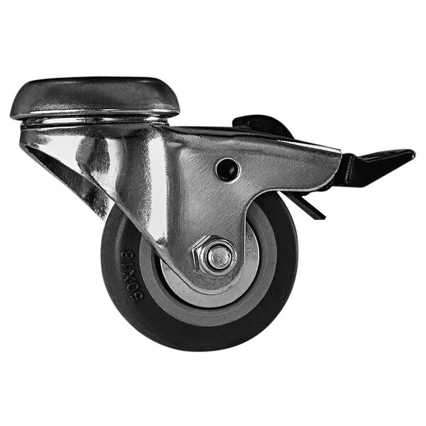 A set of four black and silver metal castors with rubber wheels.