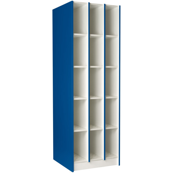 A royal blue I.D. Systems instrument storage locker with 15 compartments.