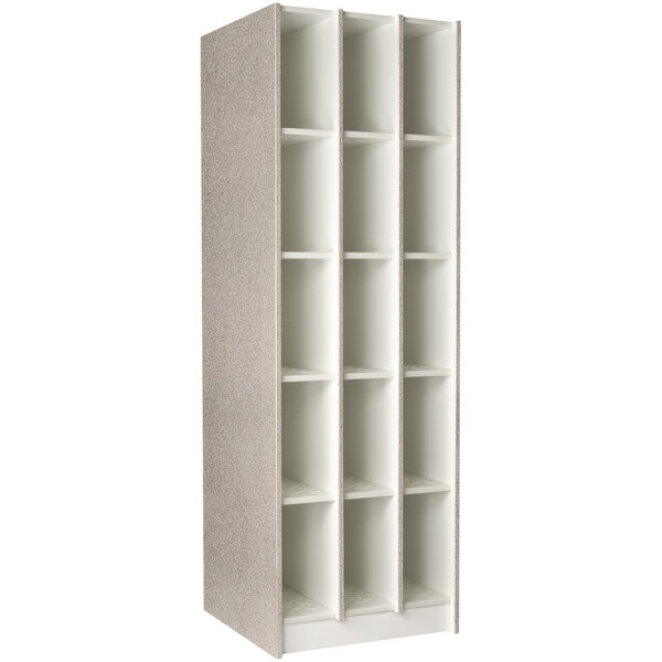 A grey I.D. Systems instrument storage locker with 15 compartments on four shelves.
