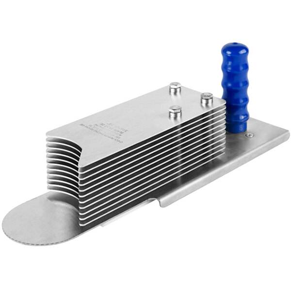 A metal block with blue and white plastic on top.