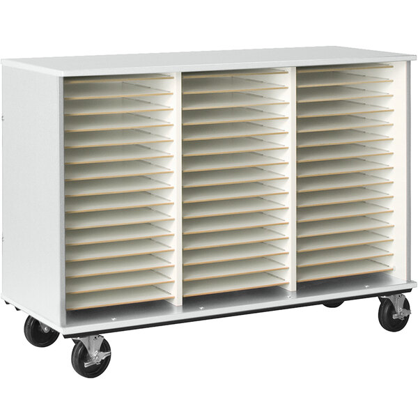 A white mobile band/orchestra folio storage shelf with shelves on wheels.