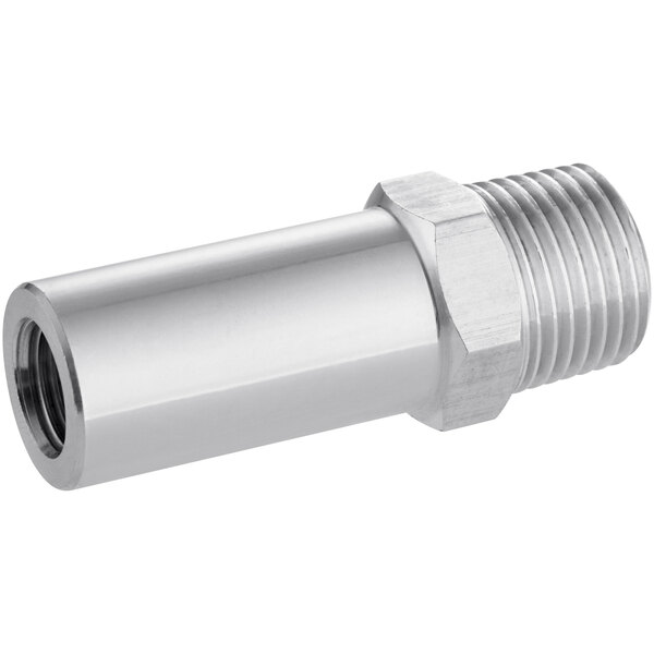 An Avantco rear connector for rice cookers, a stainless steel threaded pipe fitting.