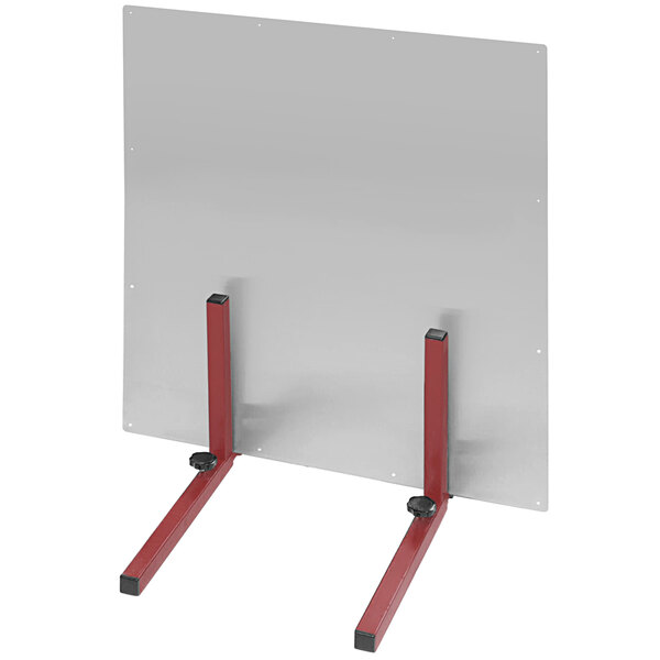 A stainless steel panel with red legs.