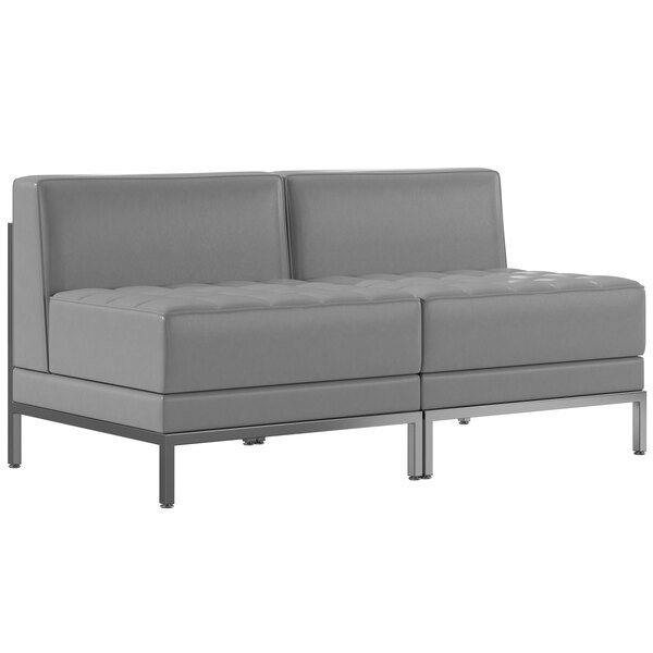 A Flash Furniture grey leather lounge bench with metal legs.