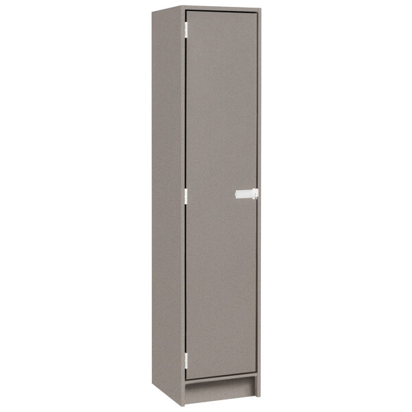 A grey metal locker cabinet with a single door and two shelves.