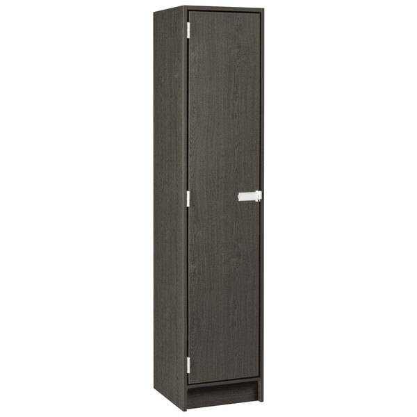 A tall dark wood I.D. Systems single door storage locker.