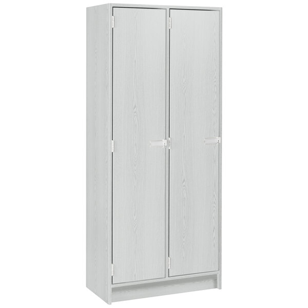 A fashion grey double door storage locker with two shelves.