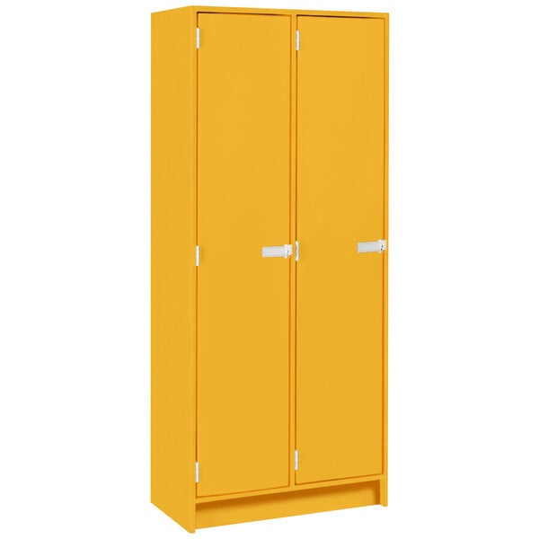 A sun yellow double door storage locker with two shelves and white handles.