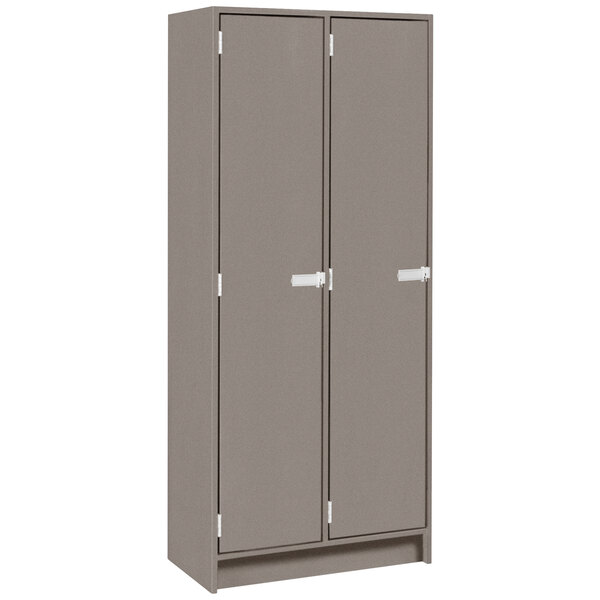 A grey steel double door locker with silver handles.