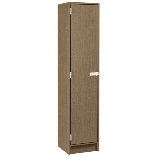 A tall brown wooden storage locker with a white handle and a door.