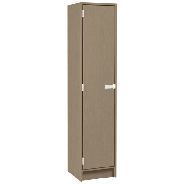 A brown metal I.D. Systems locker with a door and two shelves.
