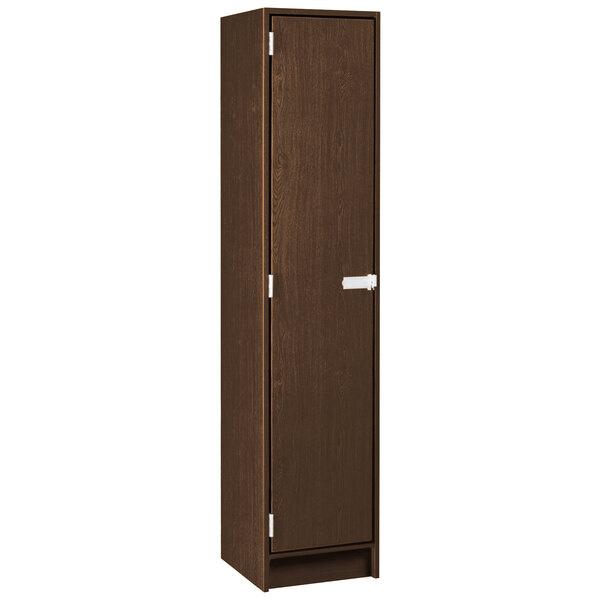 A dark brown wooden locker cabinet with a single door and two shelves with silver handles.