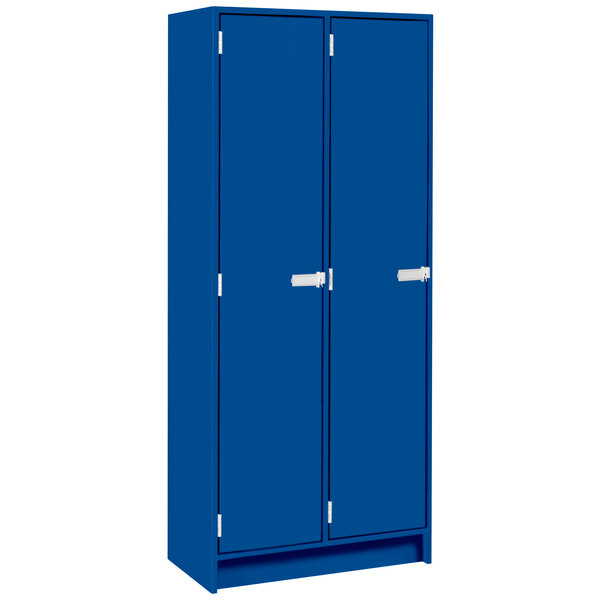 A royal blue metal double door storage locker with white handles.