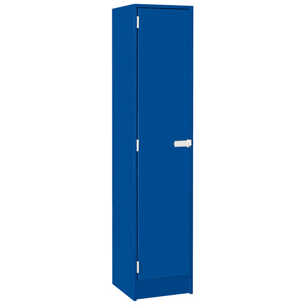 A royal blue metal locker with a single door and two shelves.
